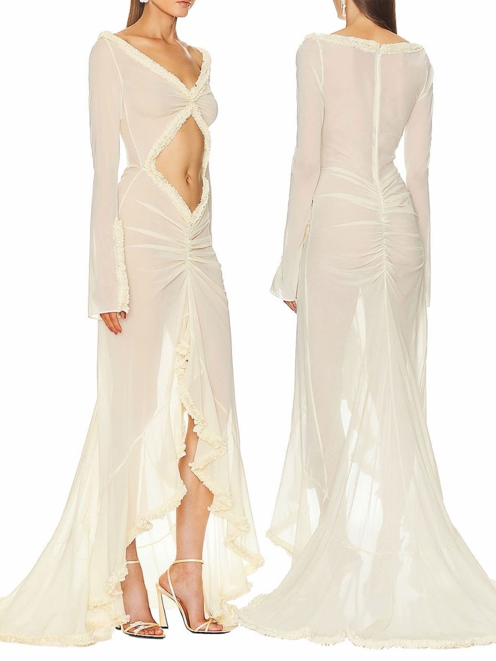 Ivory Cutout Chiffon Maxi Dress with Ruffle Trim